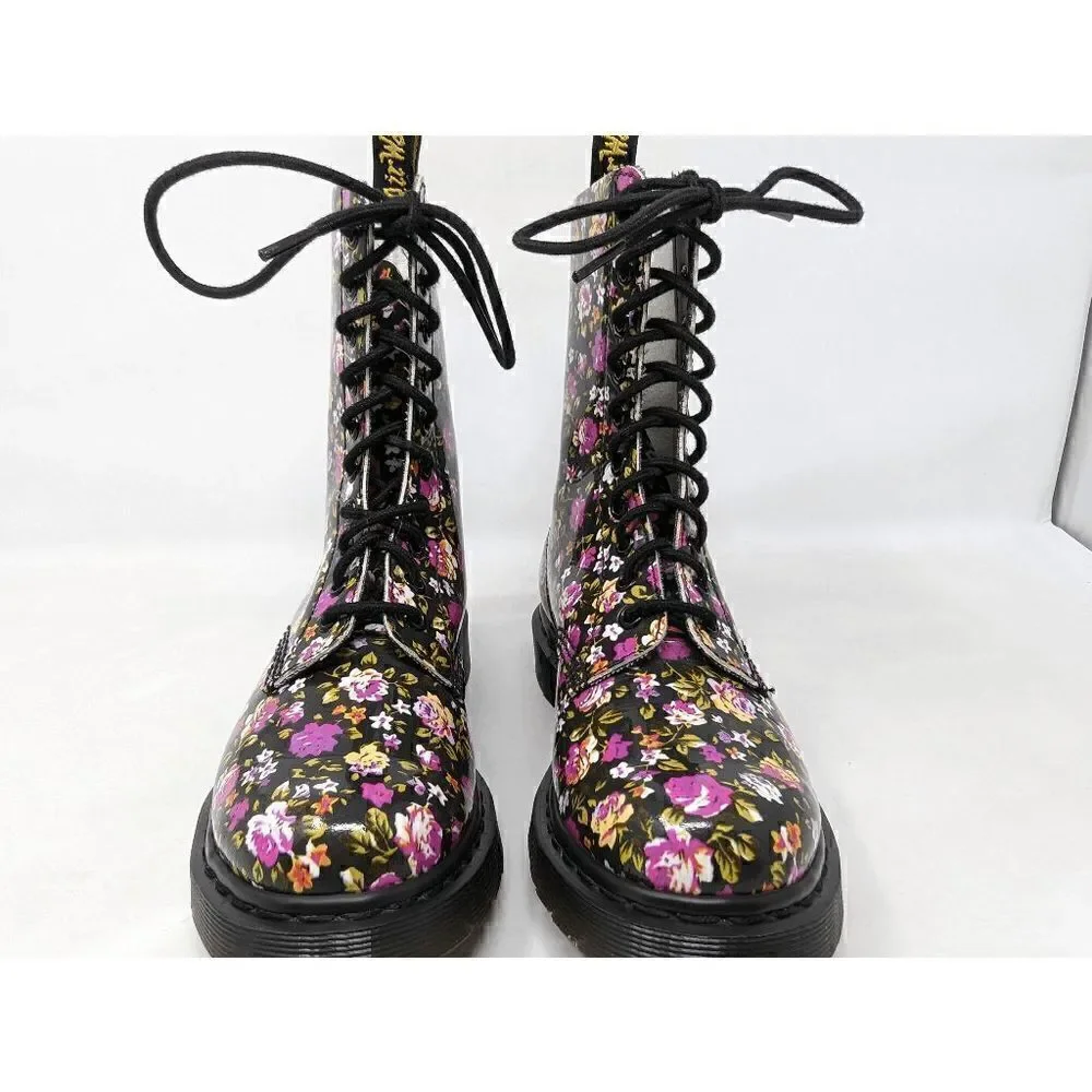 DR. MARTENS SIMONE 10 HOLE BLACK PINK ROSES FLORAL LEATHER SIZE 6 US NO INSOLE